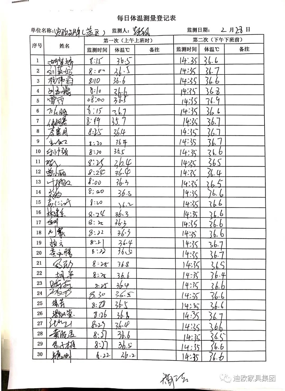 員工每日體溫登記表
